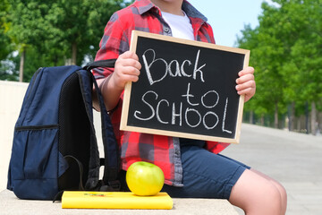 Schoolboy with a sign in his hands on the street on the way to school. Back to school.
