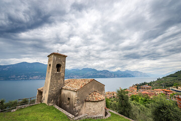 Obraz premium Small Church of San Antonio Abate (Saint Anthony Abbot) in Romanesque style, XIII-XIV century, Biaza district, Brenzone sul Garda, Lake Garda, Verona province, Veneto, Italy, Europe.