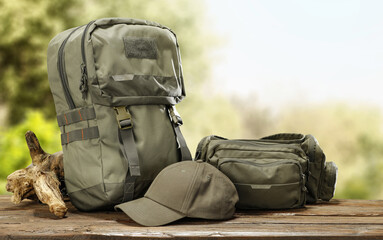 Fototapeta premium Desk of free space and summer backpack 