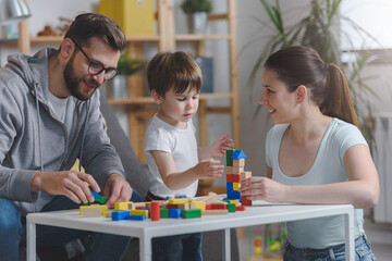 Obraz premium Mother and father playing with their cute smart toddler son at home using colorful wooden toys