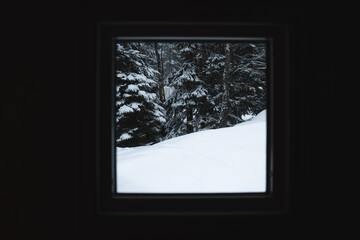 Wonderfull winter landscape outside the window. Photo taken from inside. Swedish winter.
