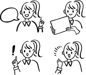 説明する女性の手描きイラスト4セット