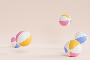 Summer beige background with inflatable beach balls, copy space, minimal 3d illustration render