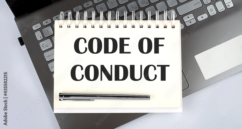 Poster code of conduct - top view notebook writing on the laptop
