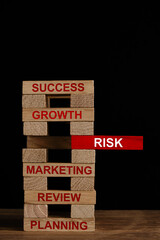 Red risk wooden block in the middle of business related words on other wooden blocks.
