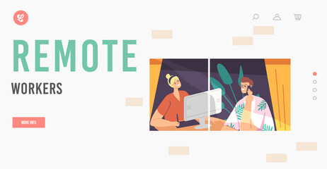 Remote Workers Landing Page Template. Freelance Occupation, Relaxed Man and Woman Freelancers Characters Sit at Window