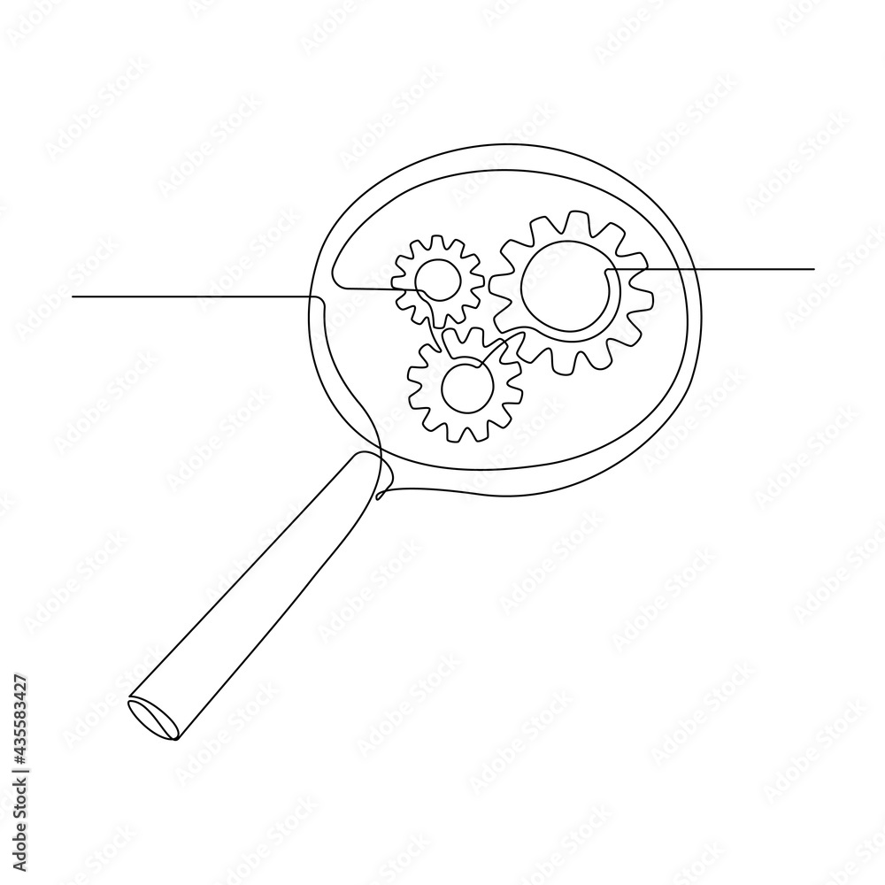 Poster gears inside magnifying glass in continuous line drawing. concept of business analysis and engine op