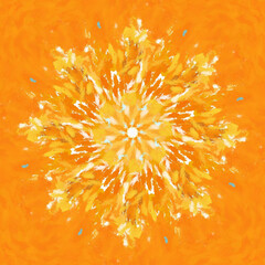 Abstract Design Element. Digital Orange Mandala for meditation and relaxing. Just keep peace and stay calm by using mandalas. Yellow Kaleidoscope. Yoga template