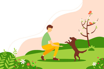Man playing with a dog in the Park. Concept illustration of outdoor recreation. Spring illustration in flat style.