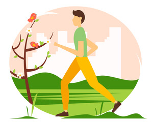 Man running in the Park. Cute spring illustration in flat style.