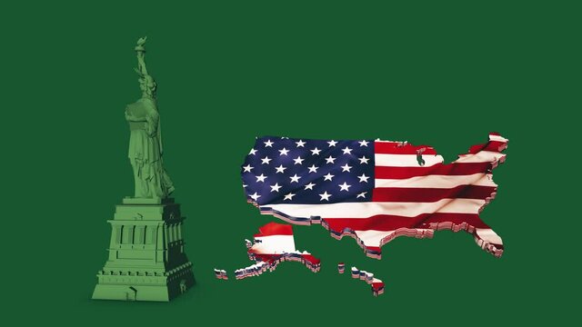 Green of Liberty Set and us map, New York landmark, American symbol. 3D Render
