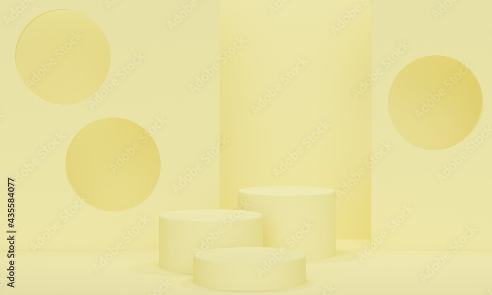 Aufkleber three podiums for cosmetics on a yellow background with round windows. 3d rendering