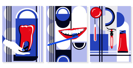 Dental fashion.Set of abstract Pop art posters with geometric shapes.Minimal design backgrounds.Oral care,brushing teeth,orthodontic tools and medical equipment.Interior decoration for clinic. Vector