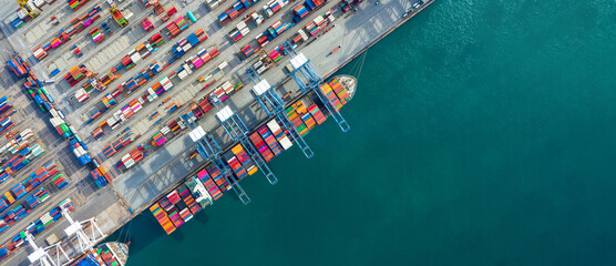 Aerial view container ship in port at container terminal port, Ship of container ship stand in...