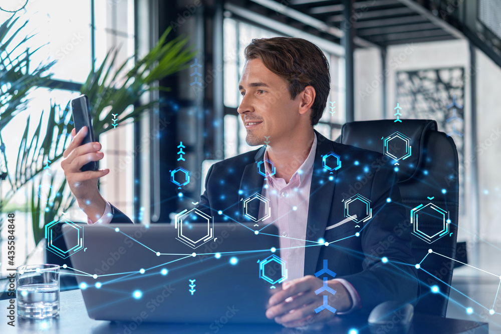 Poster businessman in suit using smart phone to optimize development by implying new technologies in busine
