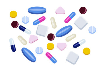 Set of pills. Coloful background of pills and vitamins. Variety of medication supplements.  Isolated on a white backgroup.
