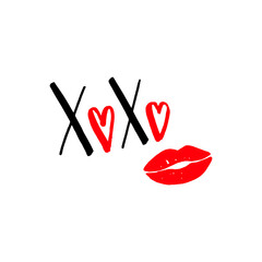 Vector holiday greeting card for Valentine's day, anniversary, wedding, honeymoon. Hand lettering XoXo, black, red letters, red lips on white background. For a poster, web, banner or postcard. EPS 10