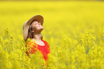Happy woman with pameta breathing fresh air in a yellow field