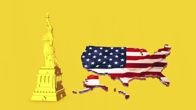 Yellow of Liberty Set and us map, New York landmark, American symbol. 3D Render