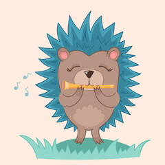 Flat illustration cute hedgehog in cartoon style with flute on green grass. Decor in the nursery.