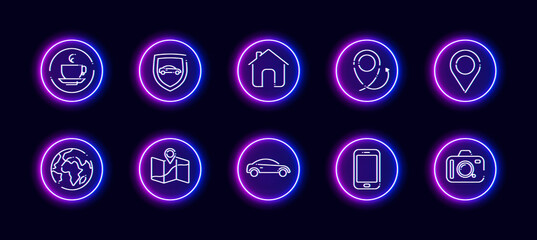 10 in 1 vector icons set related to car trip theme. Lineart vector icons in geometric neon glow style