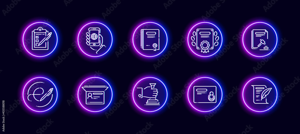 Poster 10 in 1 vector icons set related to official document theme. lineart vector icons in neon glow style