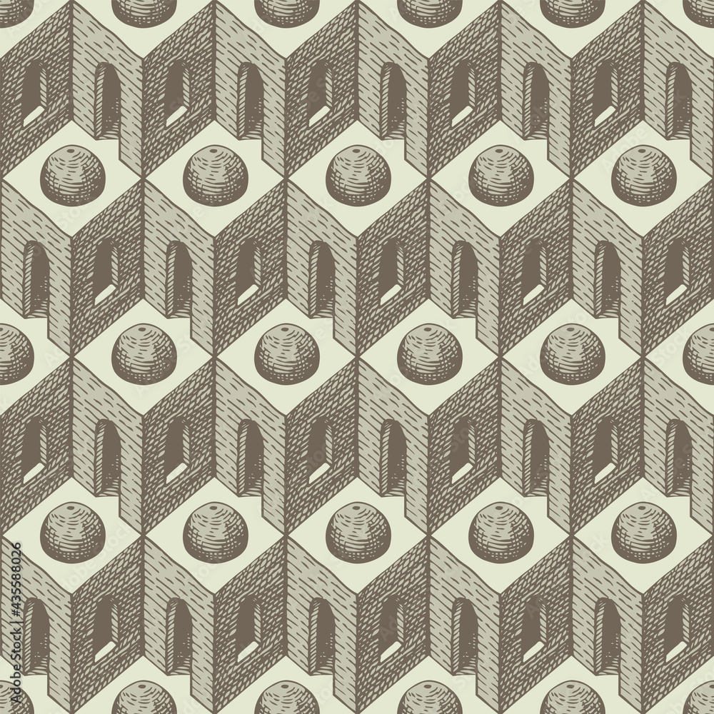 Poster hand-drawn seamless pattern with architectural elements. repeating vector texture with cubic 3d elem