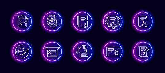 10 in 1 vector icons set related to official document theme. Lineart vector icons in neon glow style