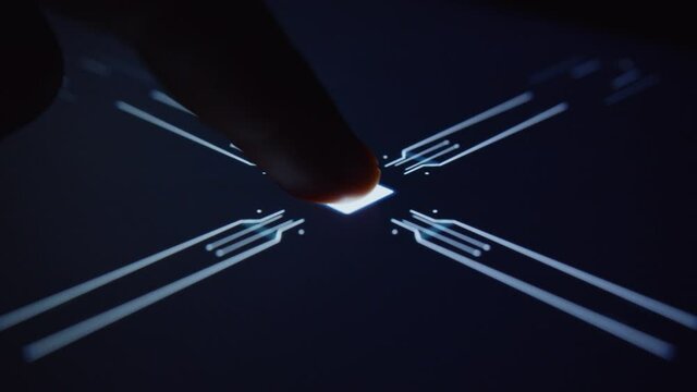 Shot of human finger touch on screen button and activates futuristic artificial intelligence. Biometrics, visualization, screen, lines, e commerce, science. Slow motion