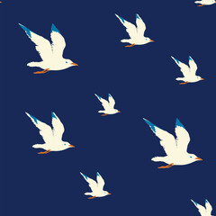 Seamless sea pattern with flying nautical birds - marine seagulls. Vector summer background with white gulls on a dark blue backdrop, suitable for wallpaper, wrapping paper, fabric, travel design.