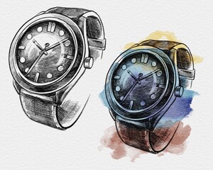 Hand drawing pencil sketch with watercolor of watch. Use for print, postcard, poster, card, invitation, template, advertising