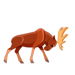 Angry Bull Moose fighting. Woodland moose in cartoon style. Scene from wild. Cartoon character vector flat illustration isolated on a white background