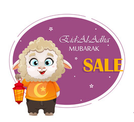 Eid al-Adha Mubarak. Funny cartoon character ram