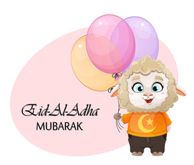 Eid al-Adha Mubarak. Funny cartoon character ram