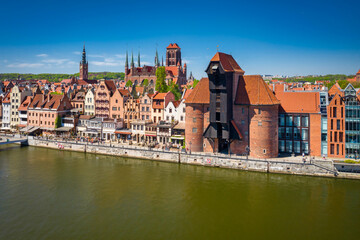 Beautiful architecture of the main city of Gdansk with historic Port Crane at summer. Poland