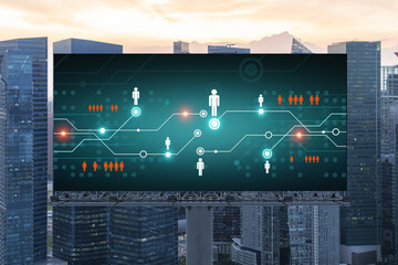 Glowing Social media icons on billboard over sunset panoramic city view of Singapore. The concept...