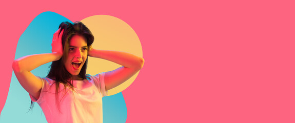 Beautiful young girl smiling isolated on multicolored background in neon light. Flyer