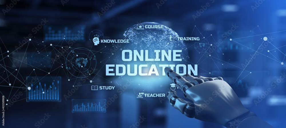 Aufkleber online education e-learning edtech concept. robot hand pressing button on screen 3d render.