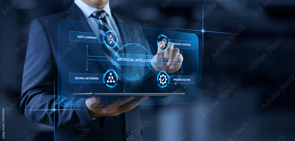 Poster ai artificial intelligence neural network machine learning modern technology concept. businessman pr