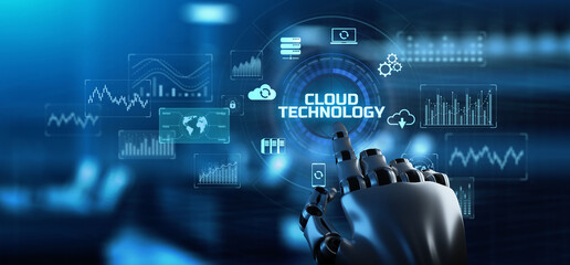 Cloud technology service. Data storage and computing. Internet concept. Robotic arm 3d rendering.