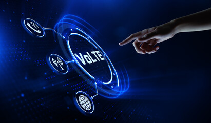 VoLTE Voice over LTE communication technology concept. Hand pressing button on screen.