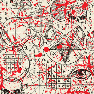 Hand-drawn seamless pattern with goat head, all-seeing eye, human skulls, masonic and esoteric symbols, stains of blood or red paint on old paper backdrop. Abstract vector background in grunge style