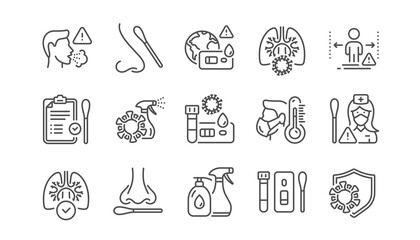 Covid Test line icons. Nasal swab and Blood testing. Social Distance, Hand Sanitizer, Rapid Antigen Test icons. Coronavirus protection, Pneumonia virus. Nose with cotton swab. Linear set. Vector