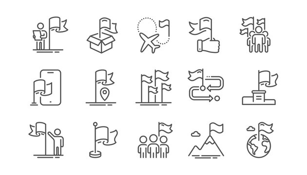 Flag line icons. Leadership, Goal Success, Winner with Flag. Navigation pointer, Travel goal destination, People protest line icons. Mountain with Flag pole, Delivery box, Ownership. Vector