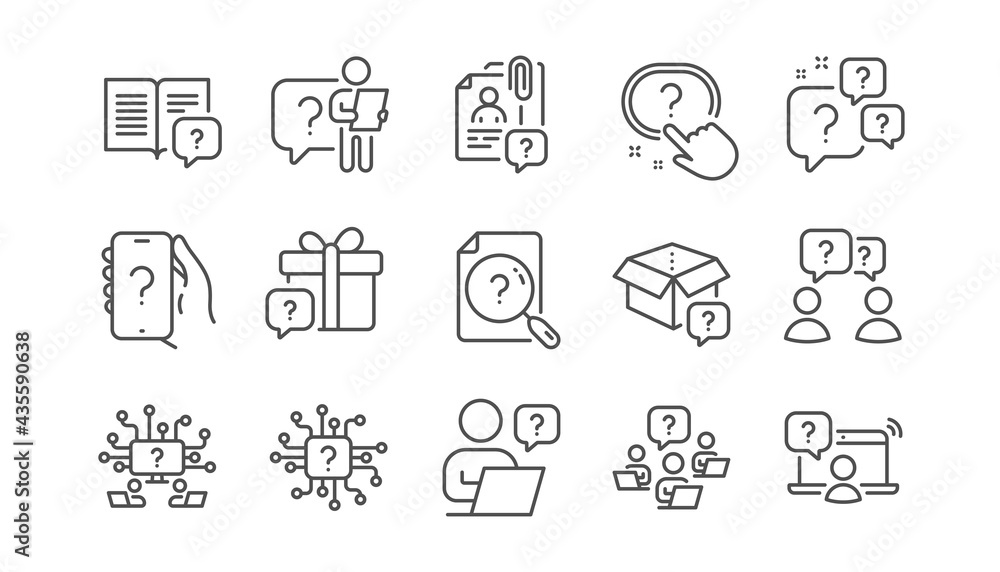 Poster questions line icons. artificial intelligence computer, phone with question mark, problem solve. qui