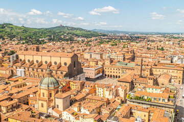 Fototapeta na wymiar Aerial view of Bologna with the beautiful Maggiore Square and the tower