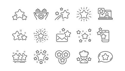 Stars line icons. Night star, Glitter burst and Fireworks. Twinkle stars, Chef award line icons. Favorite bookmark, premium star, ranking rate. Sparkle geometry shape. Linear set. Vector