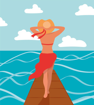 Vector image of a girl on the pier.