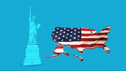 Blue of Liberty Set and us map, New York landmark, American symbol. 3D Render