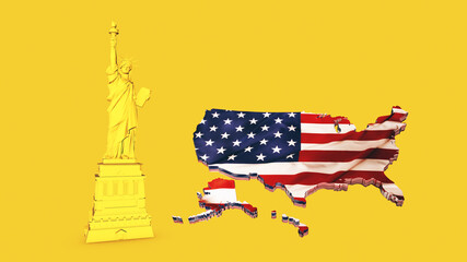 Yellow of Liberty Set and us map, New York landmark, American symbol. 3D Render